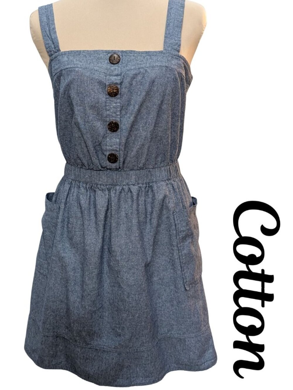 Mimi Chica Blue Cotton Button-Front Pinafore Dress